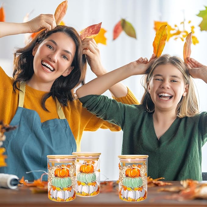 3Pcs Fall Glass Storage Jars Colorful Pumpkin Pile Clear Canisters Sets with Airtight Bamboo Lid for Farmhouse Autumn Thanksgiving Home Kitchen Countertop Decor