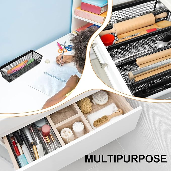 Chumia 10 Pack Silverware Drawer Organizer 9 x 3 x 2 Inch Mesh Utensil Organizer for Kitchen Drawers with Interlocking Arm for Flatware Knives Spoons Fork Cosmetic Utensil Tabletop Storage Tray