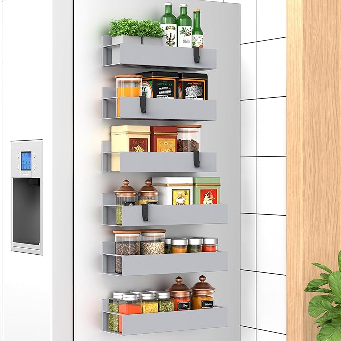 6-Piece Magnetic Spice Rack for Refrigerator, Gray