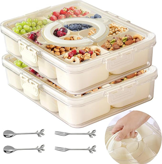 Snackle Box Container: Divided Serving Tray with Lid and Handle, Includes 8 Compartments for Dry Fruit Snack Box, Portable Fruit Tray Great for Kitchen, Party, Picnic, Travel