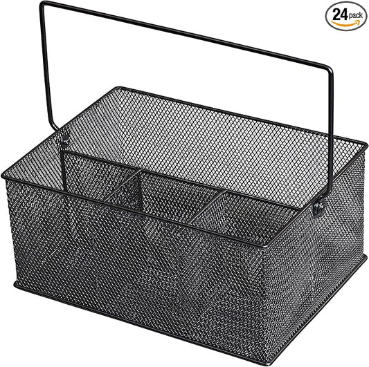 YBM Home Mesh Basket Utensil Holder & Picnic Silverware Caddy Organizer with Four Compartments and Napkin Storage, Black (24 Pack)