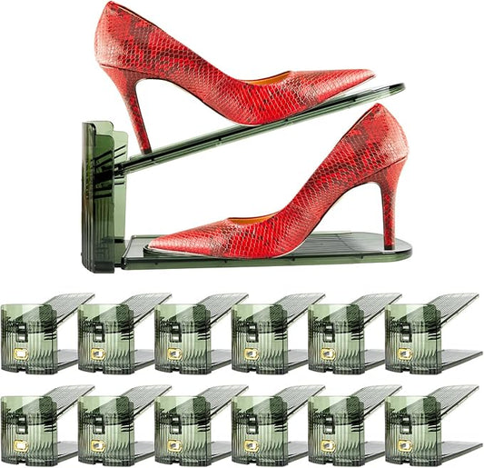 Yes!Fresh Shoe Slot Organizer, Boutique Display Style Shoe Stacker for A Pair of Shoes, Separable Shoe Rack for Closet Organization, 3 Adjustable Narrow Shoe Rack (Transparent Green, 12 Pack)