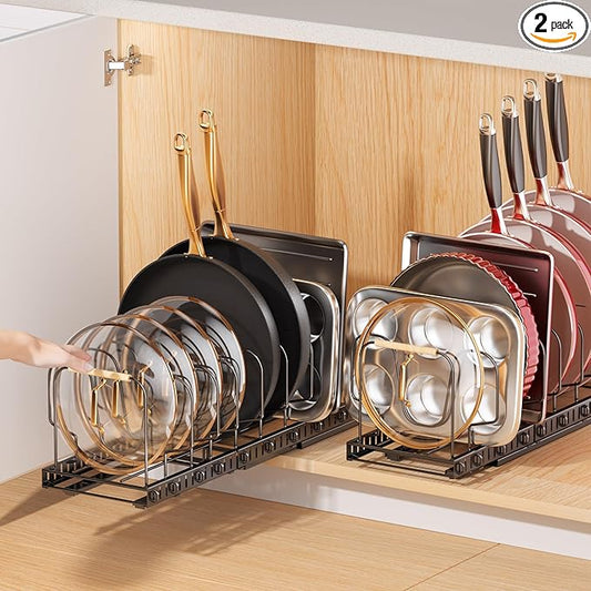 Pots and Pans Organizer under Cabinet, 2 Pack Pull out Pan Organizers inside Cabinet for Kitchen Cabinet Organizers and Storage with Adjustable Dividers and Handled Divider