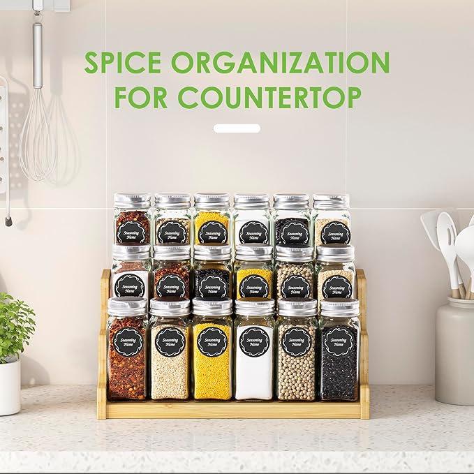 Bamboo Spice Rack Organizer for Cabinet, 3 Tier Wood Spice Shelf Organizer with 18 Spice Jars with Label Pack Included for Spice organization for cabinet Kitchen Countertop (Bamboo)