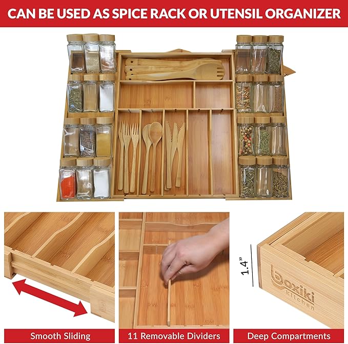 Luxury Bamboo Kitchen Drawer Organizer - Silverware Organizer - Utensil Holder, Spice Rack and Cutlery Tray with Grooved Drawer Dividers for Flatware and Kitchen Utensils (16 Slots)