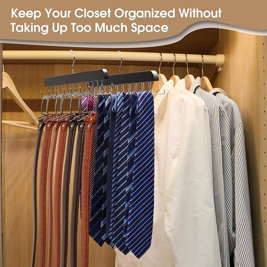 1 Tie Rack & 1 Belt Hanger for Closet, Wooden Tie Hanger for Men with 20 Hooks & Belt Organizer with 14 Hooks, 2 Pack Multi Functional Storage Organizer, Space-Saving