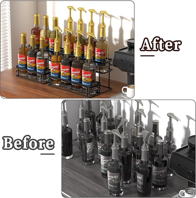 6 Bottle Coffee Syrup Organizer Rack, 2 Tier Coffee Syrup Stand Holder for Coffee Bar, Coffee Syrup Organizer for Countertop, Small Wine Rack for Family, Storage for Syrup, Dressing, Black