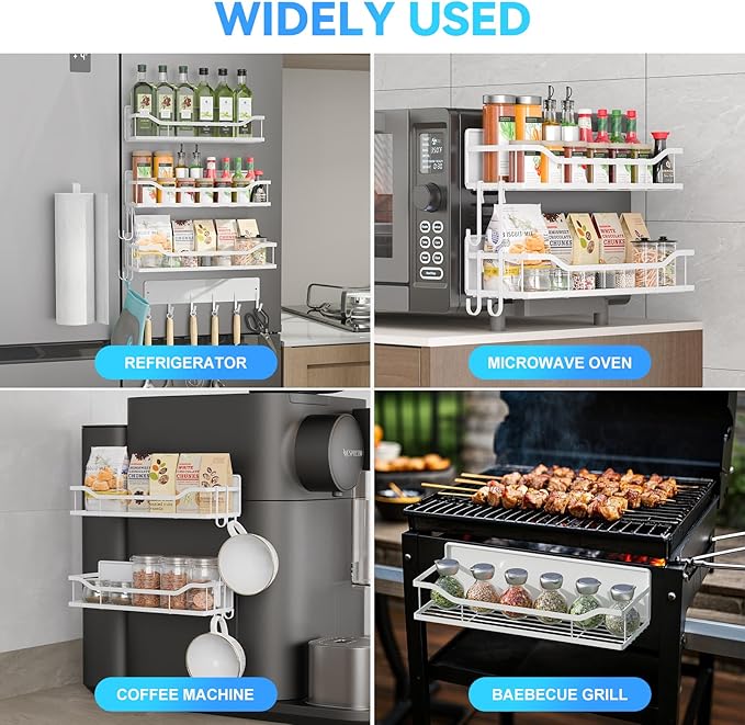 Magnetic Spice Rack for Refrigerator, 5 Pack Metal Strong Magnetic Shelf for Oven，Moveable Spice Organizer with Paper Towel Holder and Metal Hooks, Fridge Organizers and Kitchen Storage (White)