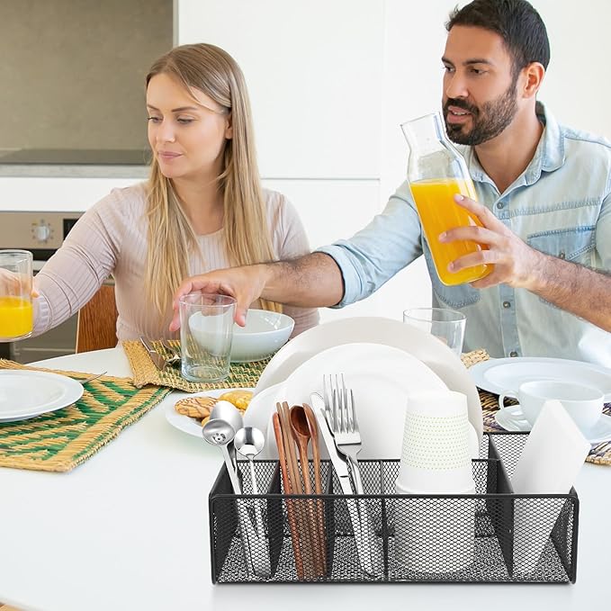 MAQUITA Utensil Holder, Silverware Caddy, Utensil And Napkin Holder, Cutlery And Flatware Organizer. Paper Plate Dispenser, ideal For Grilling and Hosting Essentials Black