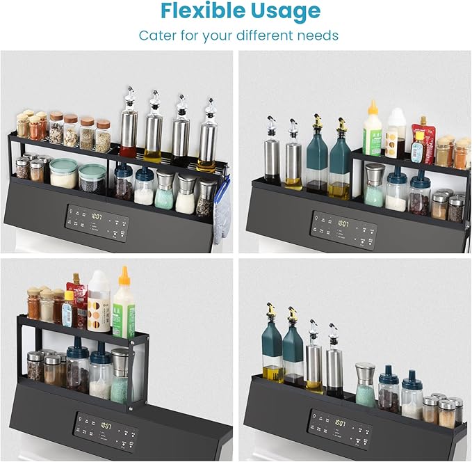 OTraki 2 Tier Strong Magnetic Oven Shelf 30 Inch Length Spice Rack Over The Stove Shelf with 2 Anti-Slip Mats Seasoning & 4 Hooks Kitchen Spice Storage Organizer Black