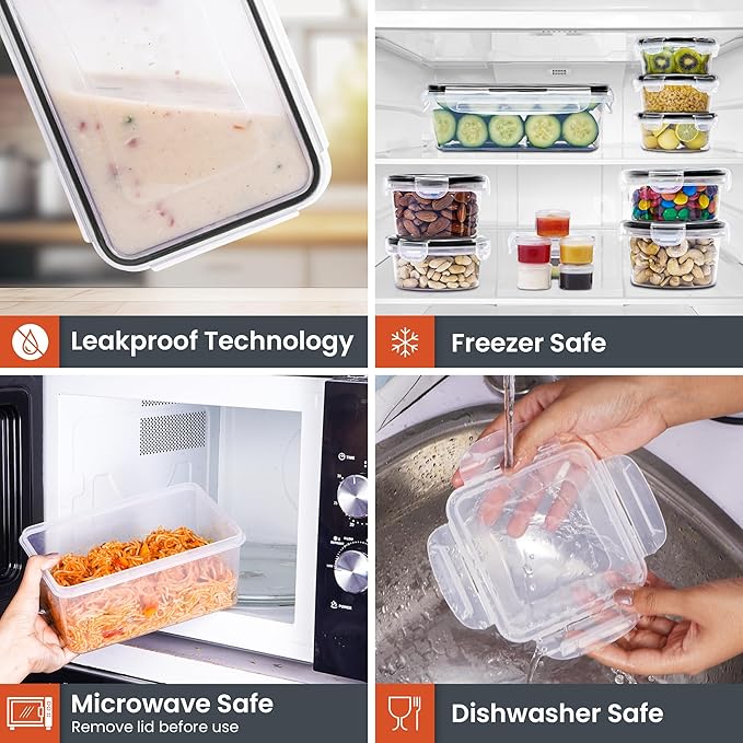 RFAQK 60 PCS Food Storage Containers with Lids Airtight-75 OZ to 1.2 OZ-Leakproof Clear Plastic Meal Prep Containers Reusable-Microwave and Dishwasher Safe