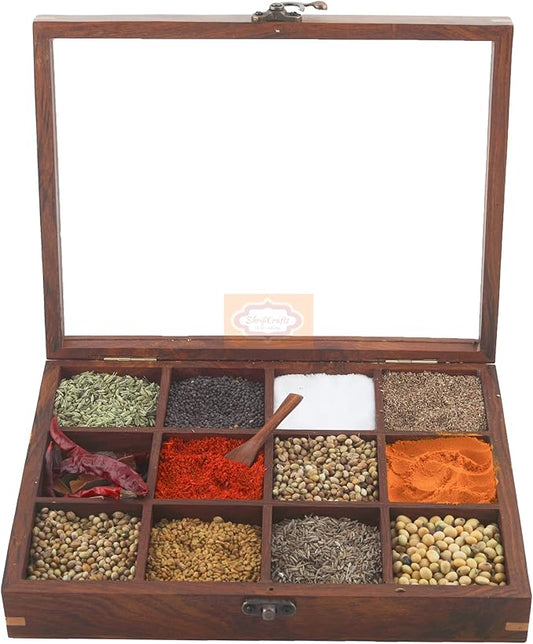 Ortus Arts Wood table top 12 Compartment Spice Box with Spoon - Wooden Masala Box Set for Kitchen Masala Daani Namak Dani Dabba Multipurpose Decorative Boxes Holder