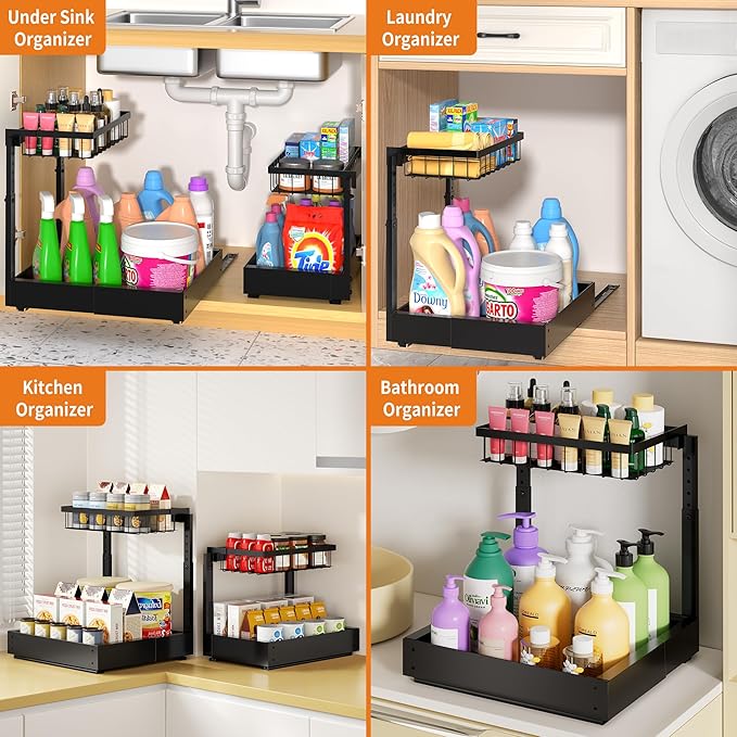 2-Pack Expandable Under Sink Organizers and Storage, 2-Tier Adjustable Pull-Out Cabinet Organizers, Slide-Out Shelves with Width (9.9"-15.7") & Height (11.6"-15.6") for Kitchen & Bathroom
