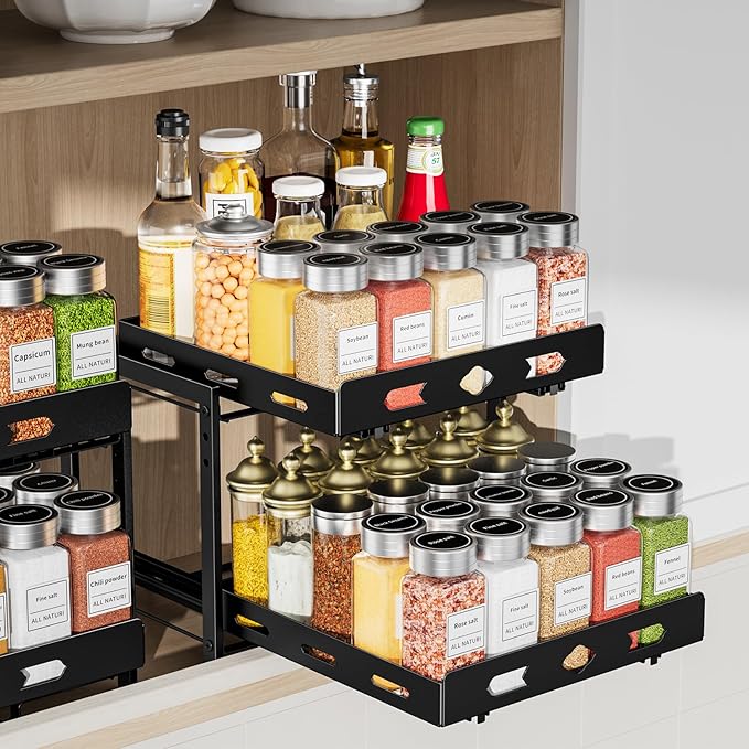 RCHYFEED Pull Out Spice Rack Organizer for Cabinet, 2-Tier Heavy Duty Slide Out Spice Rack for Inside Cabinets & Pantry, Kitchen Seasoning Organizer Vertical Spice Racks,11.9" Wx10.8 Dx9.7 H,Black