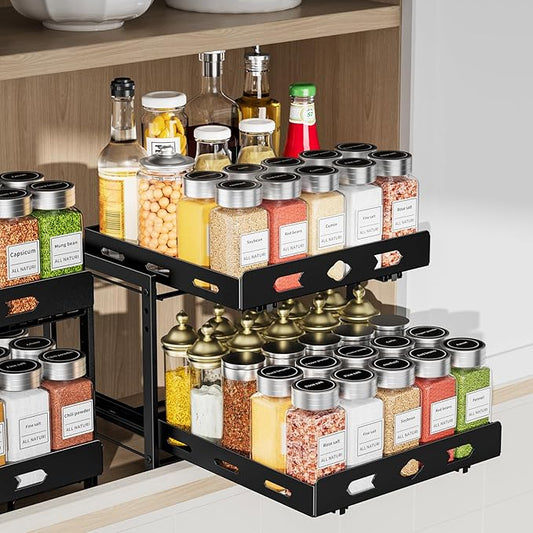 RCHYFEED Pull Out Spice Rack Organizer for Cabinet, 2-Tier Heavy Duty Slide Out Spice Rack for Inside Cabinets & Pantry, Kitchen Seasoning Organizer Vertical Spice Racks,11.9" Wx10.8 Dx9.7 H,Black