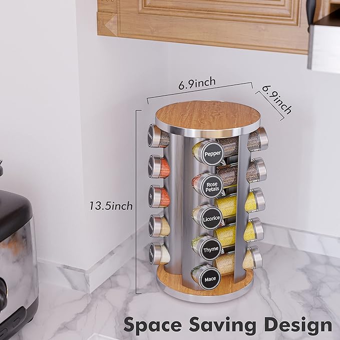 Revolving Spice Rack Set with 20 Spice Jars, Kitchen Spice Tower Organizer for Countertop or Cabinet -- Carousel Storage Includes 386 Spice Labels -- Desktop Rotating Seasoning Organizer
