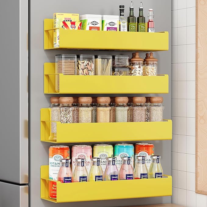 4 Pack Moveable Fridge Magnetic Spice Racks,Metal Yellow