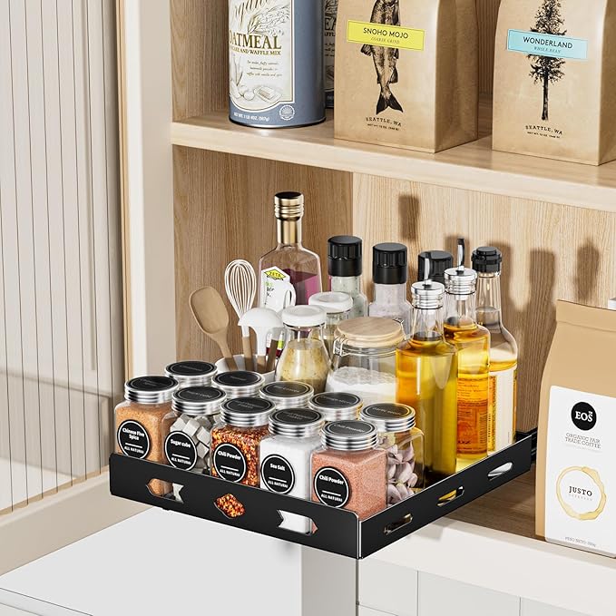 Pull Out Spice Rack Organizer for Cabinet, Heavy Duty-Slide Out Spice Rack, Vertical Spice Rack for Kitchen Cabinet and Pantry (10.5''Wx10.5''Dx2.8''H, Metal Black)