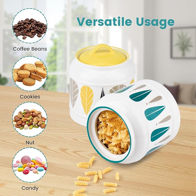 10cup/85oz Large Ceramics Jar with Lid,Big Dry Food Storage Canister Container Porcelain Kitchen Countertop Pantry Farmhouse Round Heavy Store Candy Bean Flour Snacks Cookie Cereal (Yellow)
