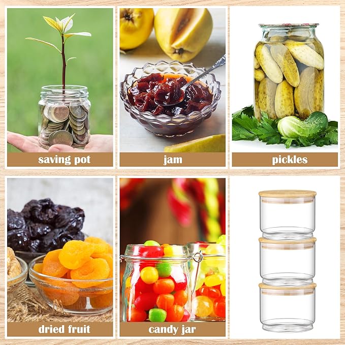 Suclain 3 Pcs 20oz Tea, Coffee, Sugar Stacking Jars Clear Glass Food Storage Jars with Lid Round Kitchen Containers with Sealing Bamboo Lid Airtight Canisters for Serving Tea Coffee Sugar with Sticker