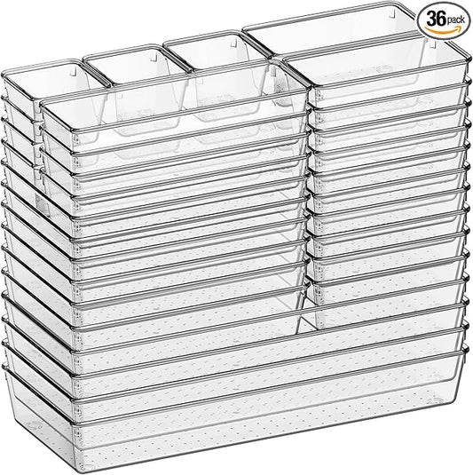 Criusia 36 Pack Large Clear Plastic Drawer Organizer Bins - 6 Size Acrylic Kitchen Drawer Organization and Storage for Utensils Gadgets, Office Bathroom and Vanity Organizer for Makeup Accessoires