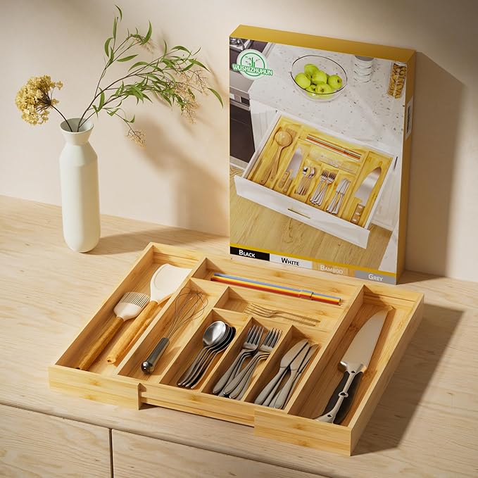 Silverware Organizer Utensil Drawer Organizer - Bamboo Silverware Tray Expandable 8 Slots Flatware Organizer For Kitchen Office Makeup Desk Drawers W12.7-19" x L17.2 (Yellow)