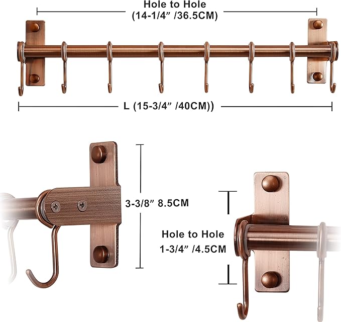 Dseap Kitchen Hooks for Hanging Utensils, Hanging Pot Rack, Kitchen Utensil Hanger Rail with 8 Hooks for Pots Pans, Spoons, Mugs, Wall Mounted, Stainless Steel, Antique Copper, Pack of 2