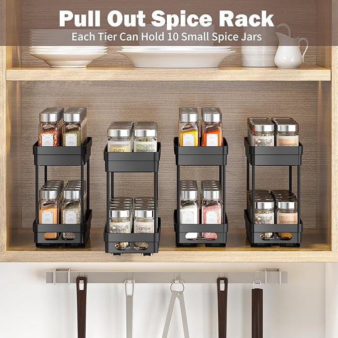 Pull Out Spice Rack Organizer for Cabinet, 2-Tier Slide Out Spice Racks Organizer,Easy Installation Cabinet Organizer Seasoning Kitchen Organizer,4.4''Wx10.5''Dx8.26''H,2Pack