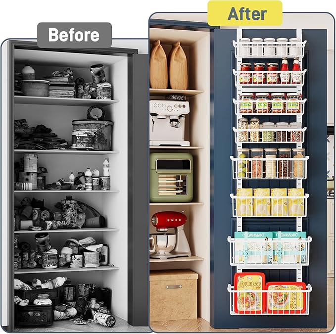 Over The Door Pantry Organizer, 8-Tier Over The Door Organizer with Adjustable Baskets, Metal Hanging Spice Rack for Pantry Organizers and Storage, Suitable for Kitchen Laundry Room & Bathroom, White