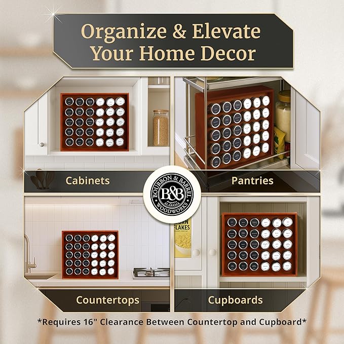 BOURBON & BARREL Wooden Spice Rack Organizer with Glass Jars | Stainless Steel Lids | Bamboo Countertop Spice Organization | 350 Waterproof Spice Labels | 2 Chalk Markers | 30 4oz Jars [Walnut]