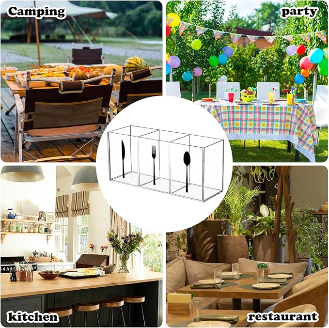 Clear Acrylic Cutlery Storage Organizer, Transparent Silverware Caddy 3 Section Tableware Plastic Holder for Kitchen Indoor Outdoor Decoration Supplies