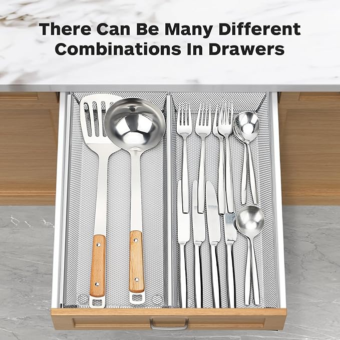 Flatware Organizer with Interlocking Arm (Grey) - 2 Pack 14.7" X 6.1" X 2" Utensil Drawer Organizer