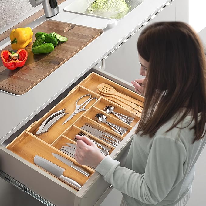 Premium Silverware, Flatware and Utensil Organizer for Kitchen Drawers. Extra Large and Expandable from 13 to 21 Inches - 8 Compartments [2.5 Inches Deep] *Bamboo Utensils Included - 100% Bamboo.