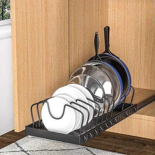 Pots and Pans Organizer Under Cabinet, 8-Tier Sliding Adjustable Pan Organizer Rack and Pot Lid Holder, Pull out Pot Lid Organizer for Cabinet, Kitchen Cabinet Organization and Storage (Black)