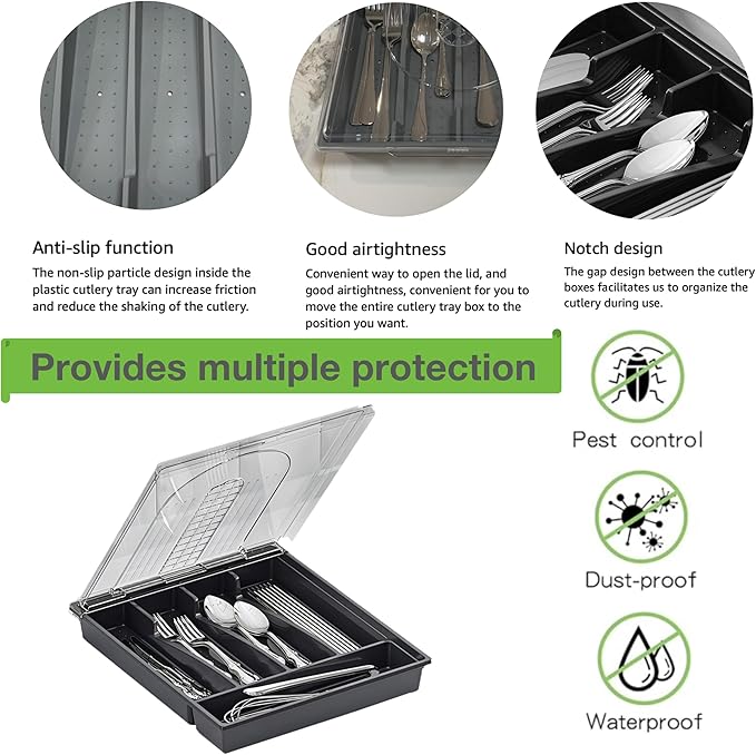 Silverware Container with Removable Lid, Countertop silverware holders Plastic Silverware Tray for Drawer, 5 Compartments Flatware Organizer (Grey)