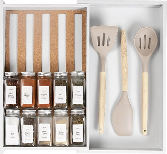 Spice Drawer Organizer with Expandable Storage. Holds up to 15 Spice Jars (Not Included), Non-Slip Feet, Kitchen Accessory Storage, 100% Sustainable Bamboo Wood (White Bamboo)