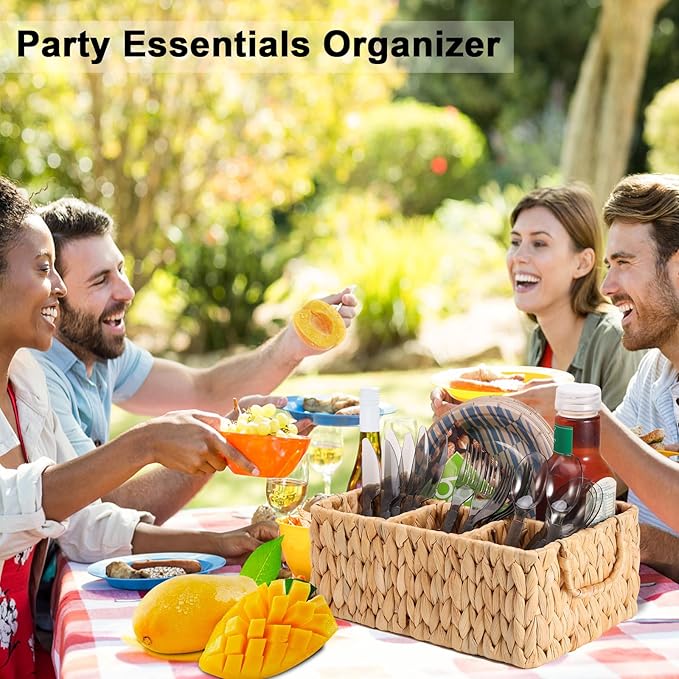 Wicker Party Silverware Caddy, Water Hyacinth Plastic Cutlery Utensil Holder, Hand Woven with Handles, Kitchen Countertop and Picnic flatware Organizer (4 compartments)