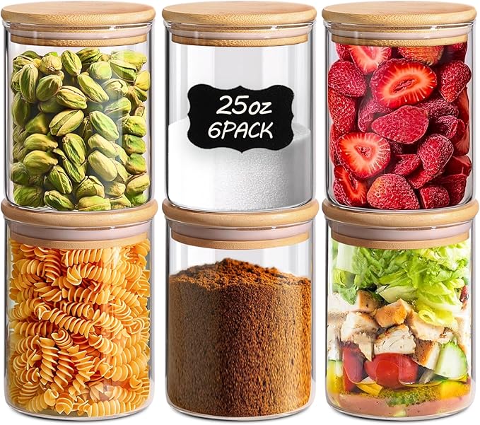 ComSaf 25oz Glass Food Storage Jars Set of 6, Clear Glass Storage Containers with Lids, Pantry Organization Jar, Spice Jar, Blooming Tea, Coffee and Sugar Container, Small Canister Set for Kitchen