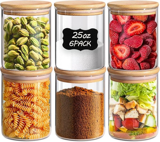 ComSaf 25oz Glass Food Storage Jars Set of 6, Clear Glass Storage Containers with Lids, Pantry Organization Jar, Spice Jar, Blooming Tea, Coffee and Sugar Container, Small Canister Set for Kitchen