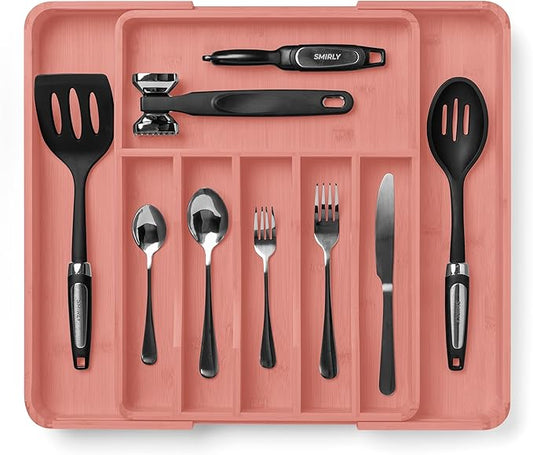 SMIRLY Silverware Drawer Organizer – Bamboo Kitchen Drawer Organizer, Adjustable Utensil Holder and Cutlery Tray, Drawer Dividers for Flatware and Kitchen Utensils