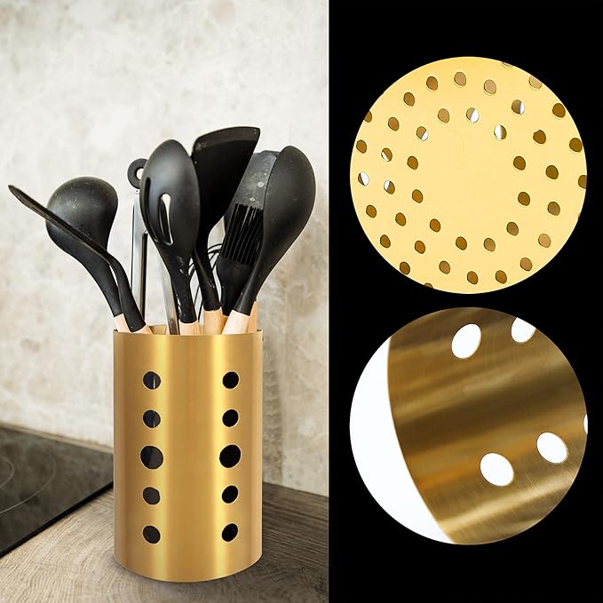 Gold Stainless Steel Utensil Holder 3.93x6.9 inch – Flatware Cylinder Draining Organizer & Drying Rack Caddy Basket for Kitchen Counter with Round Drain Holes, Stand for Fork, Knive, Spoon, Chopstick