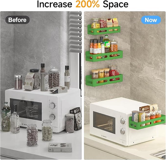 4 Pack Magnetic Spice Rack for Refrigerator, Spice Rack Organizer, Moveable Magnetic Shelf Fridge Organizer with 4 Hooks for Kitchen and Oven Organization, Green