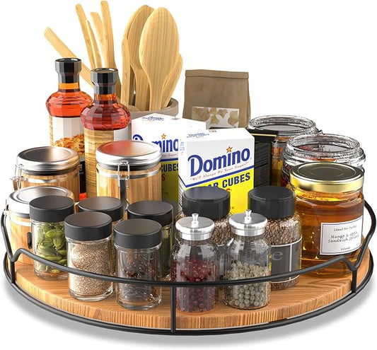 Lazy Susan Turntable Organizer with Anti-Slip Mat for Cabinet Pantry Kitchen Countertop Refrigerator Office, Pine Wood, 11", Carbonized Black