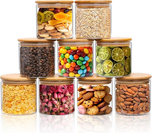 ComSaf 20oz Glass Food Storage Jars Set of 9, Clear Glass Storage Containers with Lids, Pantry Organization Jar, Spice, Blooming Tea, Oat, Coffee and Sugar Container, Small Canister Set for Kitchen