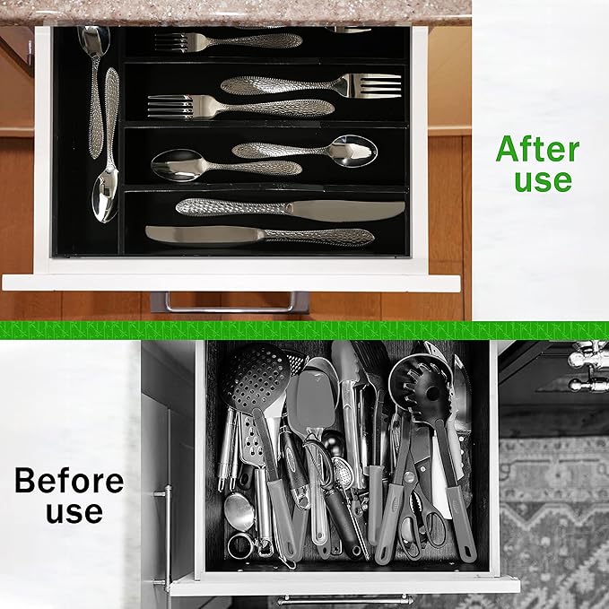 Greenual Black Silverware Organizer 10 In Utensil Organizer Silverware Tray for Drawer Cutlery Flatware Organizer for Kitchen Bamboo Wood
