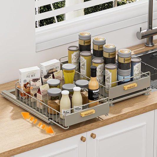 Under Sink Organizer, 2 Packs Under Sink Organizers and Storage, Slide Out Pull Out Cabinet Organizer Shelf with Metal Drawers for Kitchen Bathroom Pantry, Gray