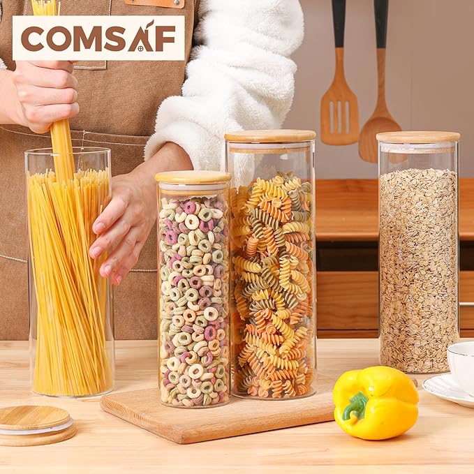 ComSaf Glass Food Storage Jars Set of 6, Tall Glass Storage Containers with Lids, Spaghetti Jar, Canisters Set for the kitchen, Pasta, Flour, Nuts, Oat, Coffee and Sugar Container, Pantry Organization