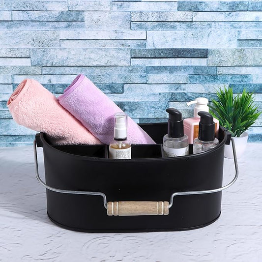 Alpha Living Home - Wooden Utensil Holder for Kitchen, Rustic Silverware Caddy with Handle – Galvanized Flatware Organizer for Forks, Spoons, Knives, Picnic, Countertop & Dining Table – Jet Black