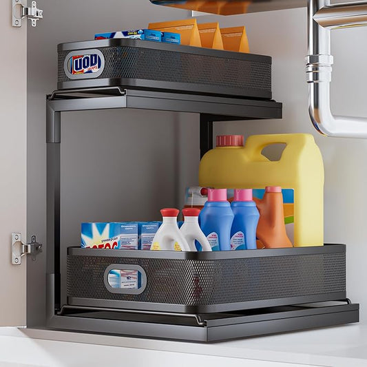 Under Sink Storage Organizer With 2-Tier Slide Out Drawer, Sophisticated Mesh Pull Out Shelf For Kitchen & Bathroom, Fits Small Items, Upgraded Arched Track For Smooth Gliding, Height Adjustable