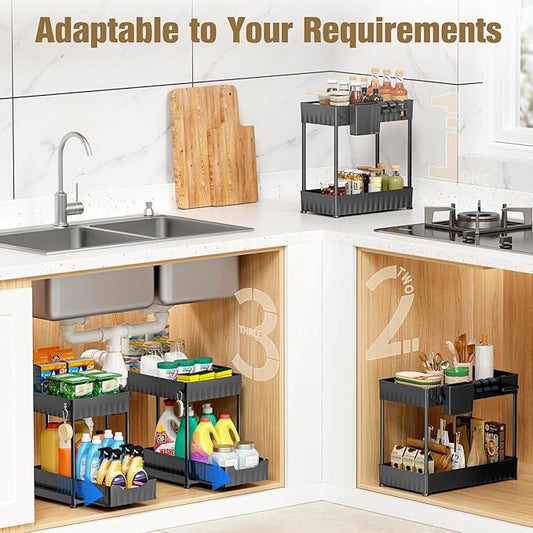 3 Pack Under Sink Organizers and Storage, Large Capacity Heavy Load Pull Out Cabinet Organizer with Hooks Hanging Cups, Multi-functional Storage Shelf for Kitchen Bathroom, Black